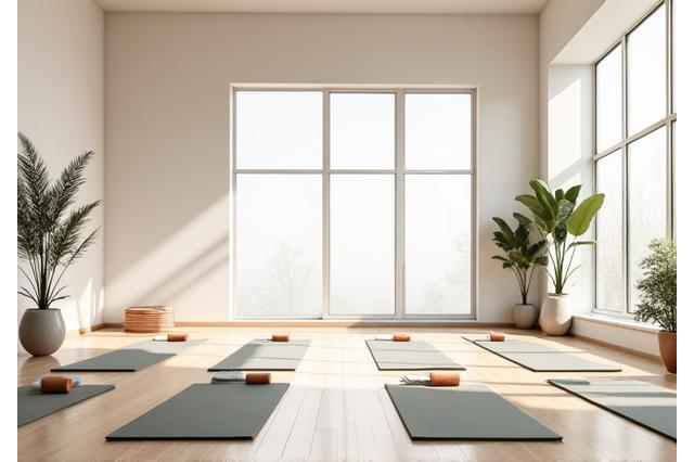 Vue large et lumineuse de la salle de yoga principale avec parquet et grandes fenêtres.
