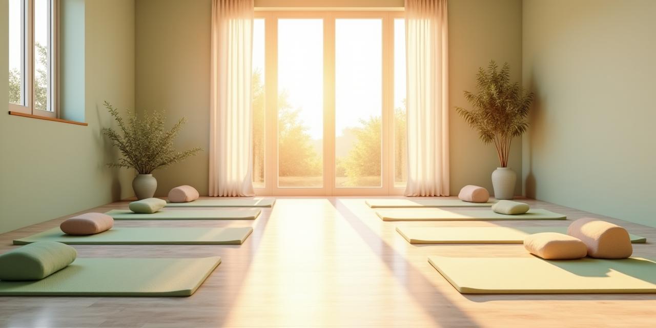 Vue d'ensemble apaisante du studio Fleurie Yoga avec des tapis de yoga et des coussins au lever du soleil.